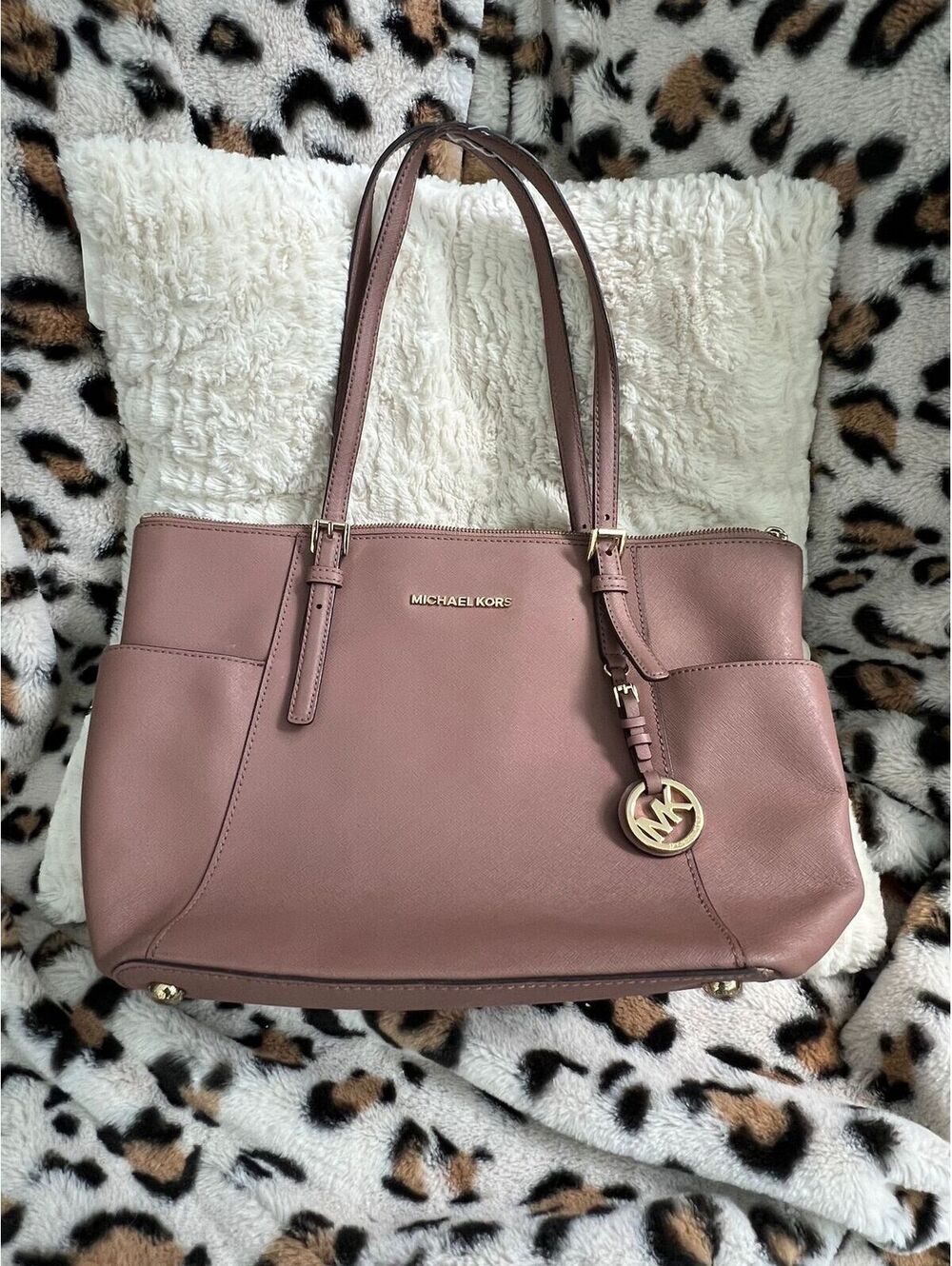 Michael Kors Dusty Rose Mauve Saffiano Leather Tote MK Charm Gold Hardware